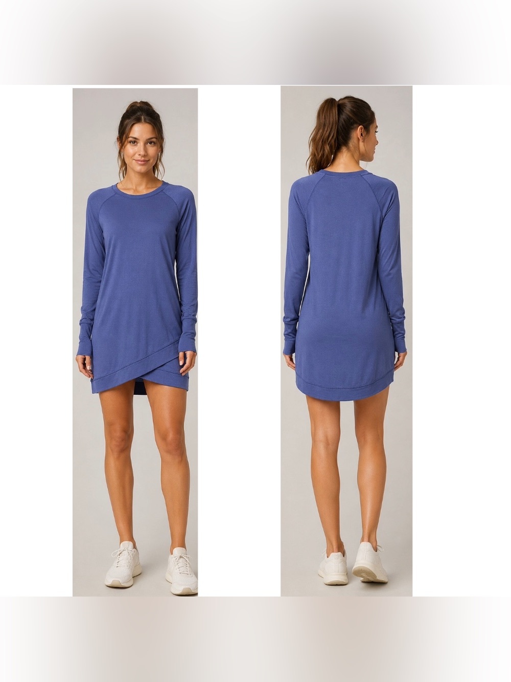 Athleta Criss Cross Modal Sweatshirt Dress,
Blue/Purple, Thumbhole Tulip Hem, S